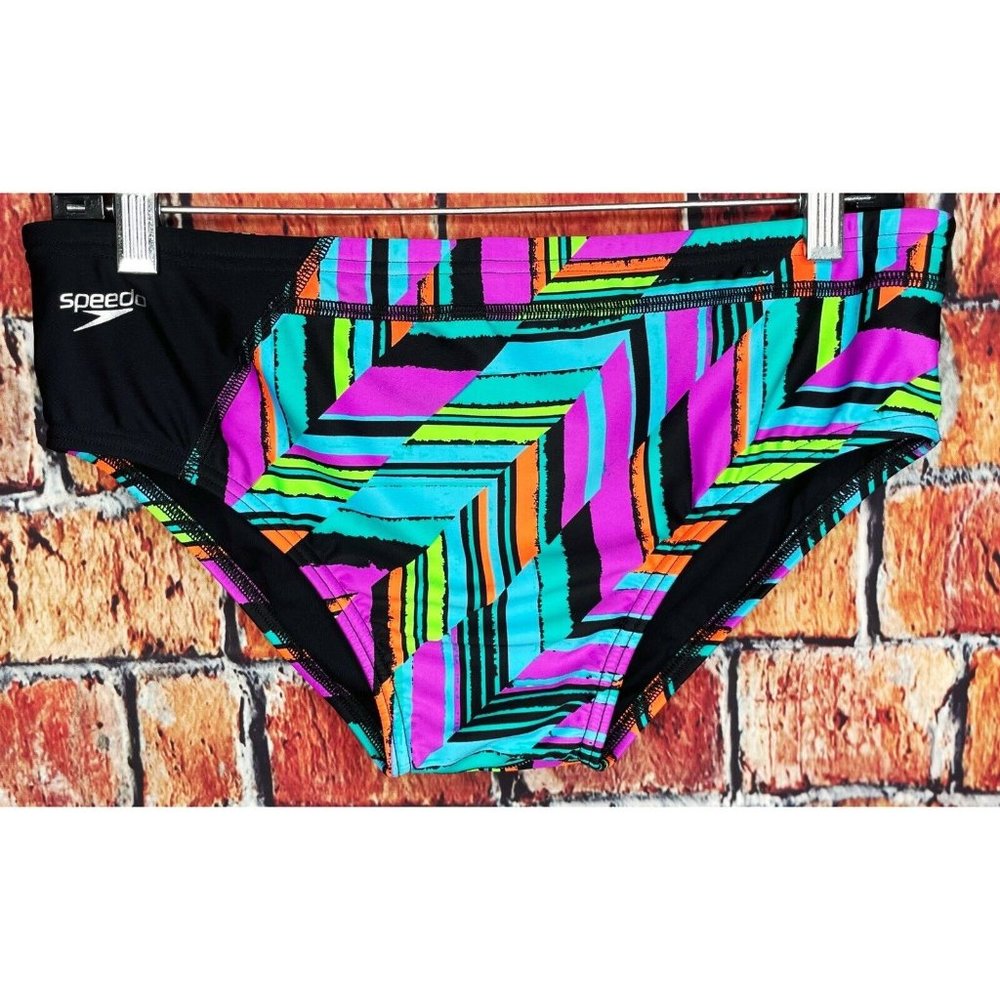 Speedo PowerFLEX Eco Black Neon 90s Lined Men Swim Bikini Brief Swimwear Size 36